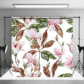 Aperturee - Aperturee White Pink Magnolia Flower Leaves Photo Backdrop